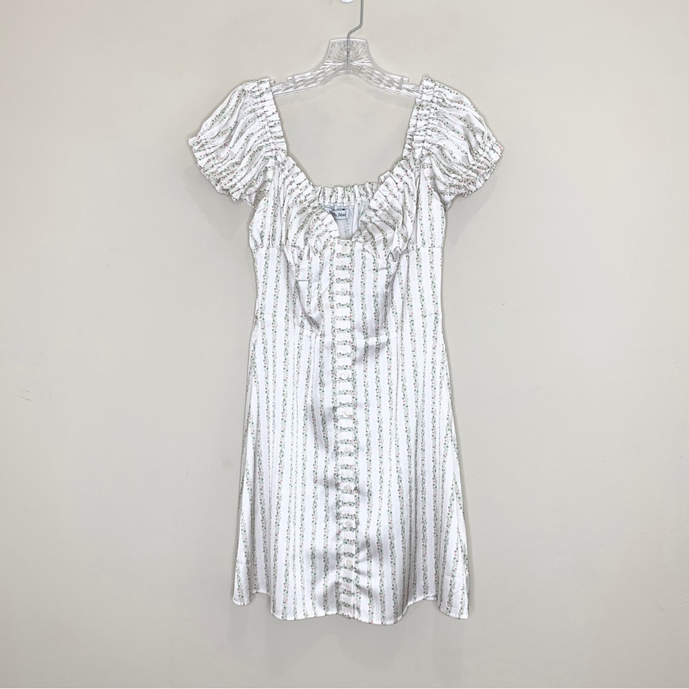 NEW With Jean Isabelle Floral Mini Dress (Sz L / US 8) Paper Daisy Satin - Picture 4 of 14